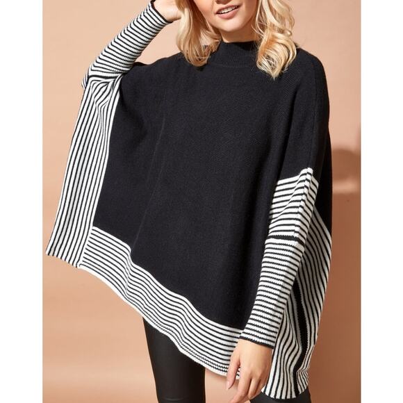 P. Luca Milano Sweaters - P. Luca Milano Black & White Striped Draped Poncho Sweater Women's One Size